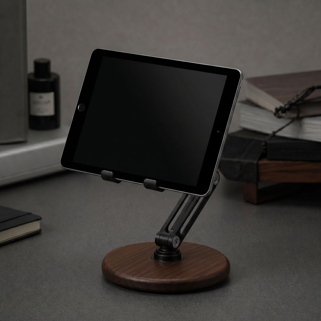 Super Wooden Phone Stand supporting a tablet on a walnut desk | Cyber Vintage
