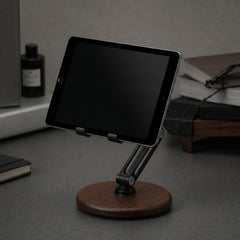 Super Wooden Phone Stand supporting a tablet on a walnut desk | Cyber Vintage