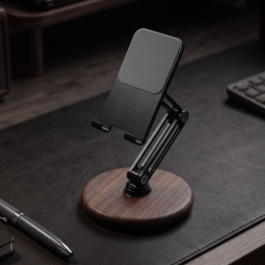 Super Wooden phone stand supporting a tablet on a cozy desk | Cyber Vintage