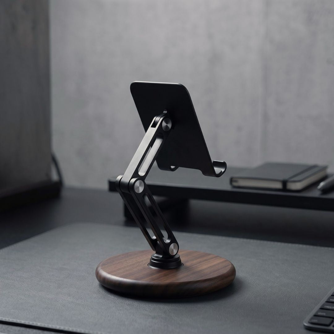 Super wooden stand supporting a smart phone, placed against a shelf with decorative items | Cyber Vintage