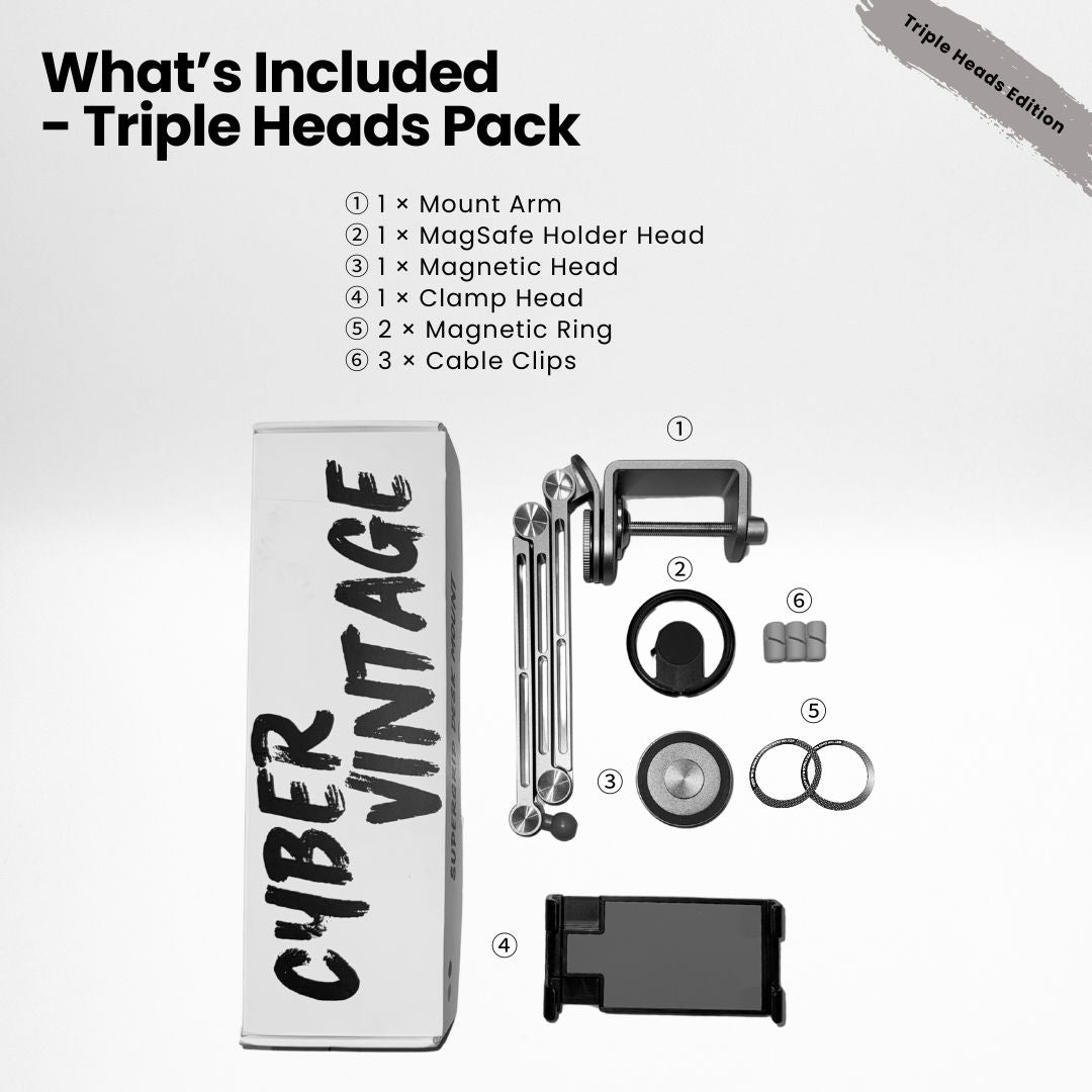 SuperGrip Desk Mount showing what is included in the Triple Heads Pack | Cyber Vintage