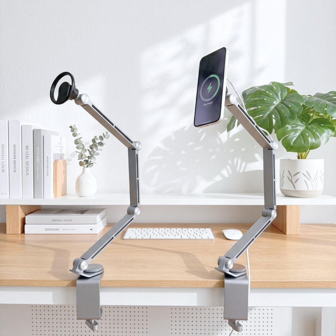 SuperGrip Desk Mount holding charging a phone | Cyber Vintage