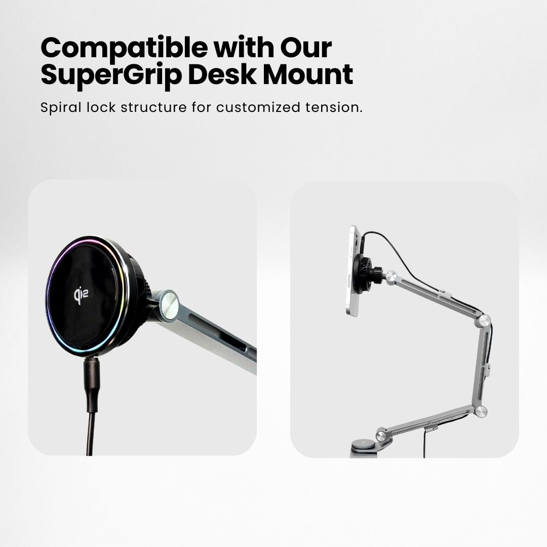 SuperGrip Wireless MagCharge showing its compatibility of SuperGrip Desk Mount