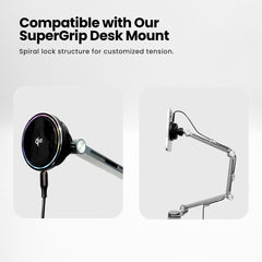SuperGrip Wireless MagCharge showing its compatibility of SuperGrip Desk Mount