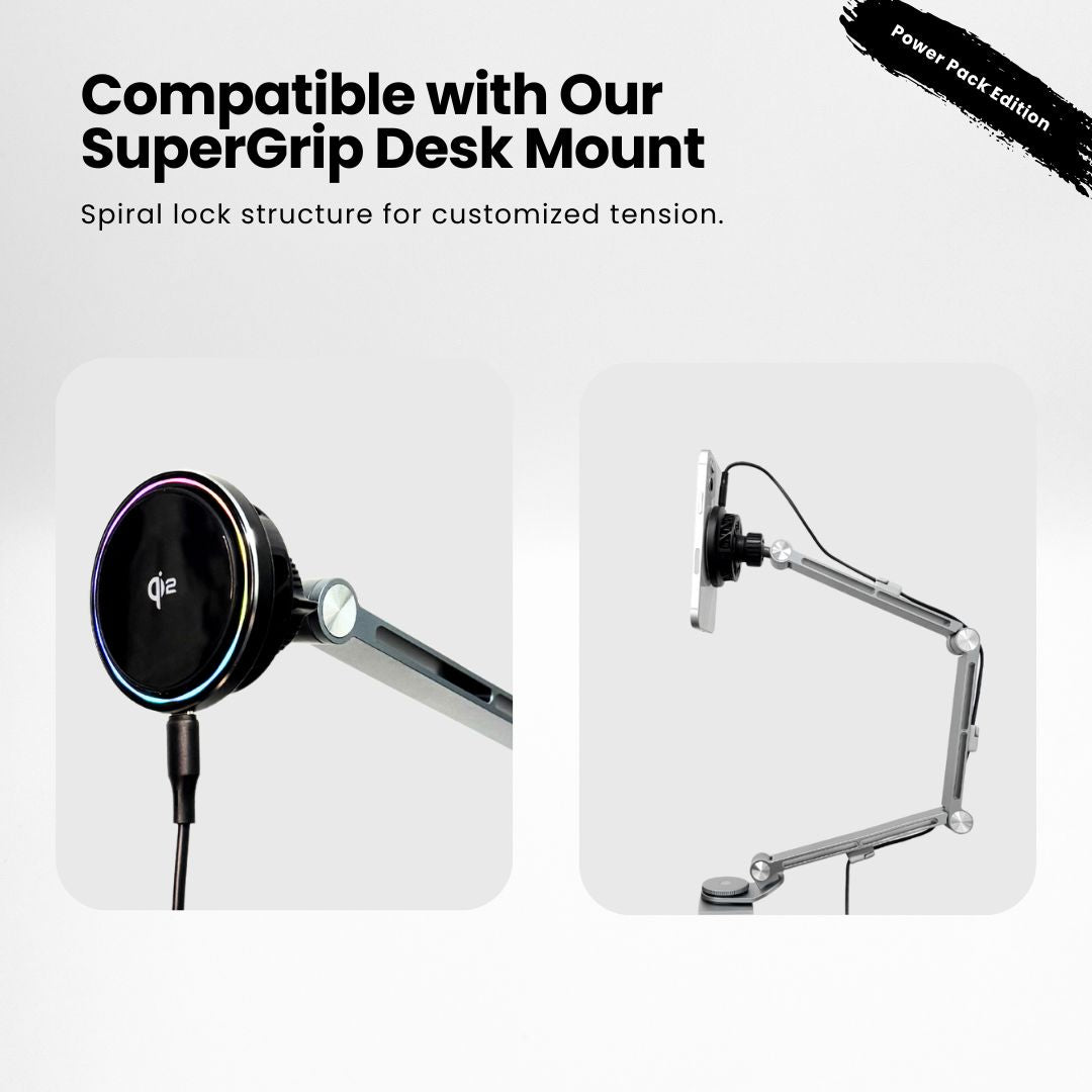 SuperGrip Desk Mount showing its Qi2 certified magnetic wireless charger is compatible with SuperGrip Desk Mount | Cyber Vintage