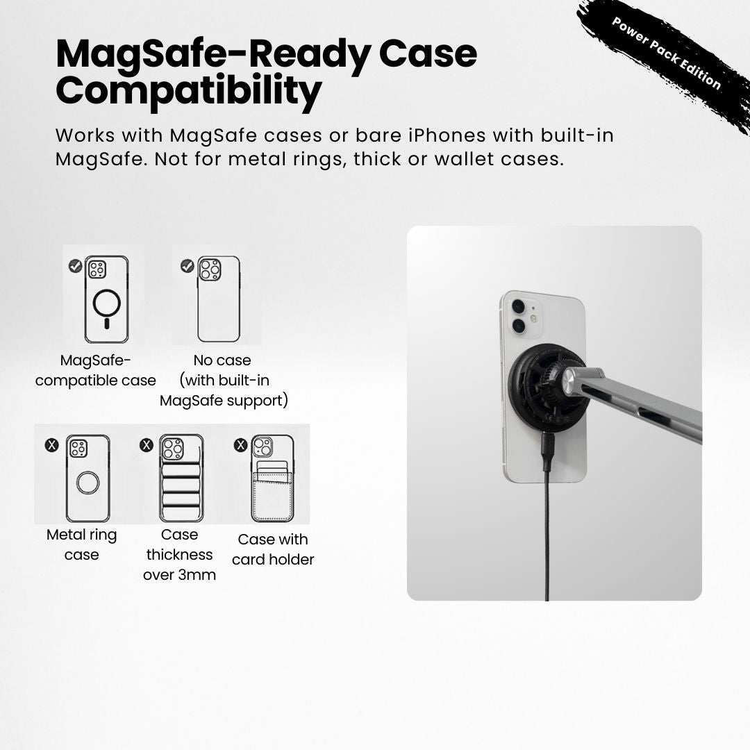 SuperGrip Desk Mount showing the case compatibility of its Qi2 certified magnetic wireless charger | Cyber Vintage