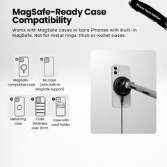 SuperGrip Desk Mount showing the case compatibility of its Qi2 certified magnetic wireless charger | Cyber Vintage