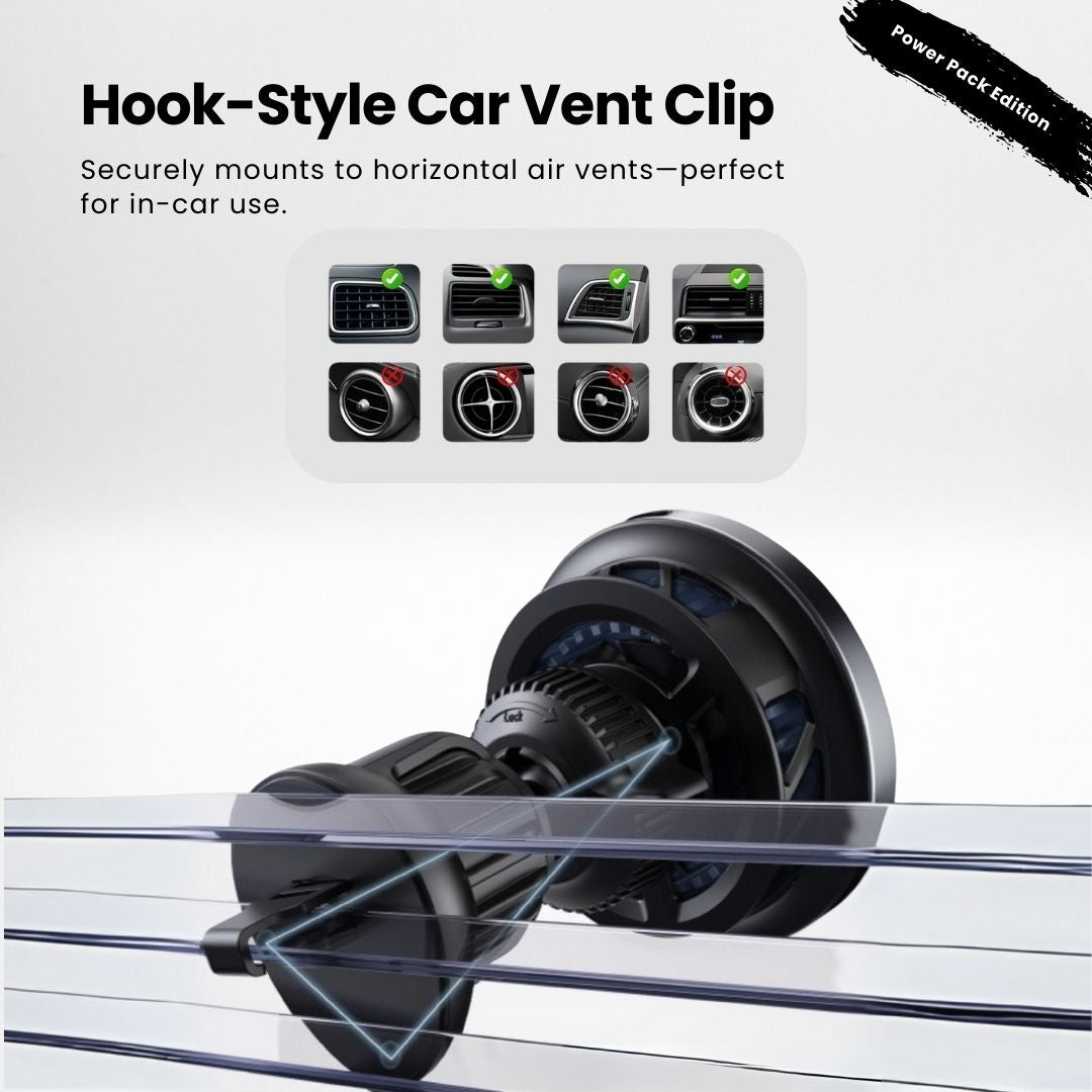 SuperGrip Desk Mount showing the hook-style car vent clip of its Qi2 certified magnetic wireless charger | Cyber Vintage
