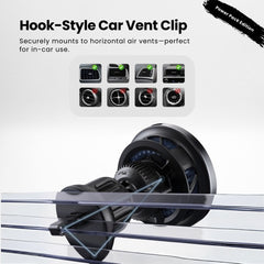 SuperGrip Desk Mount showing the hook-style car vent clip of its Qi2 certified magnetic wireless charger | Cyber Vintage