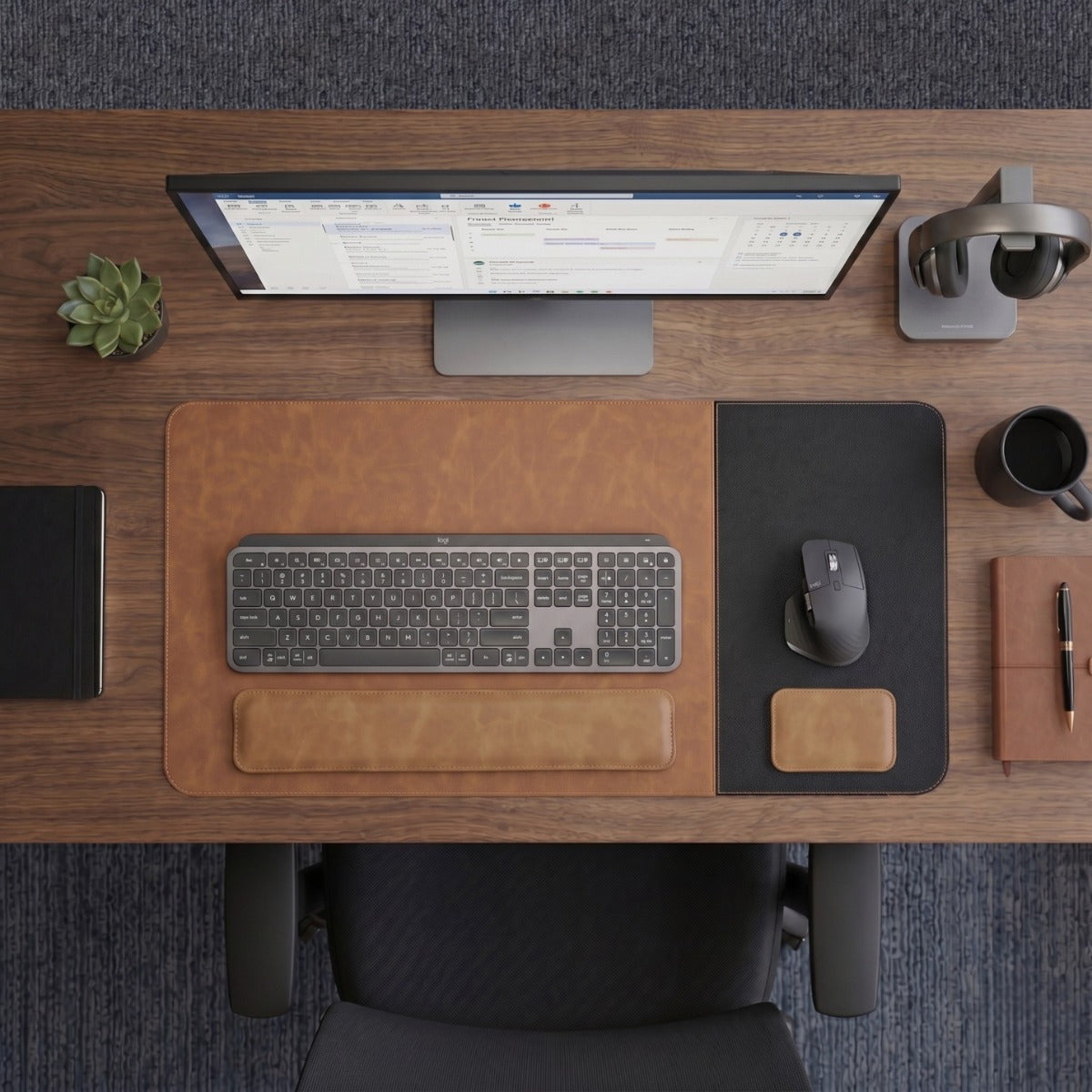 SuperZone dual-surface desk pad with wrist rests for keyboard and mouse setup