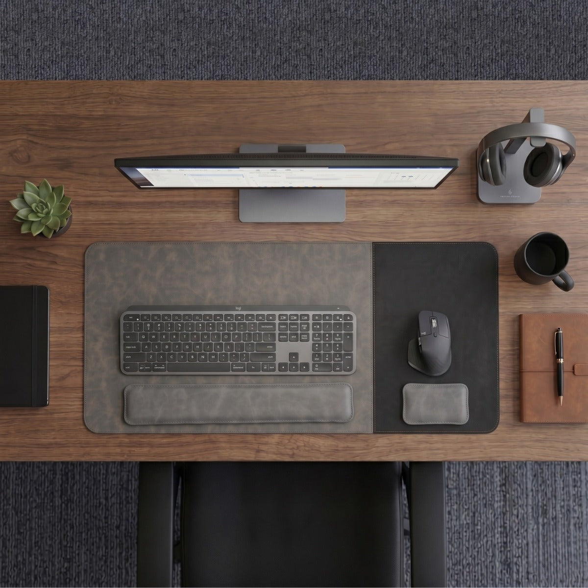SuperZone dual-surface desk pad with wrist rests for keyboard and mouse setup