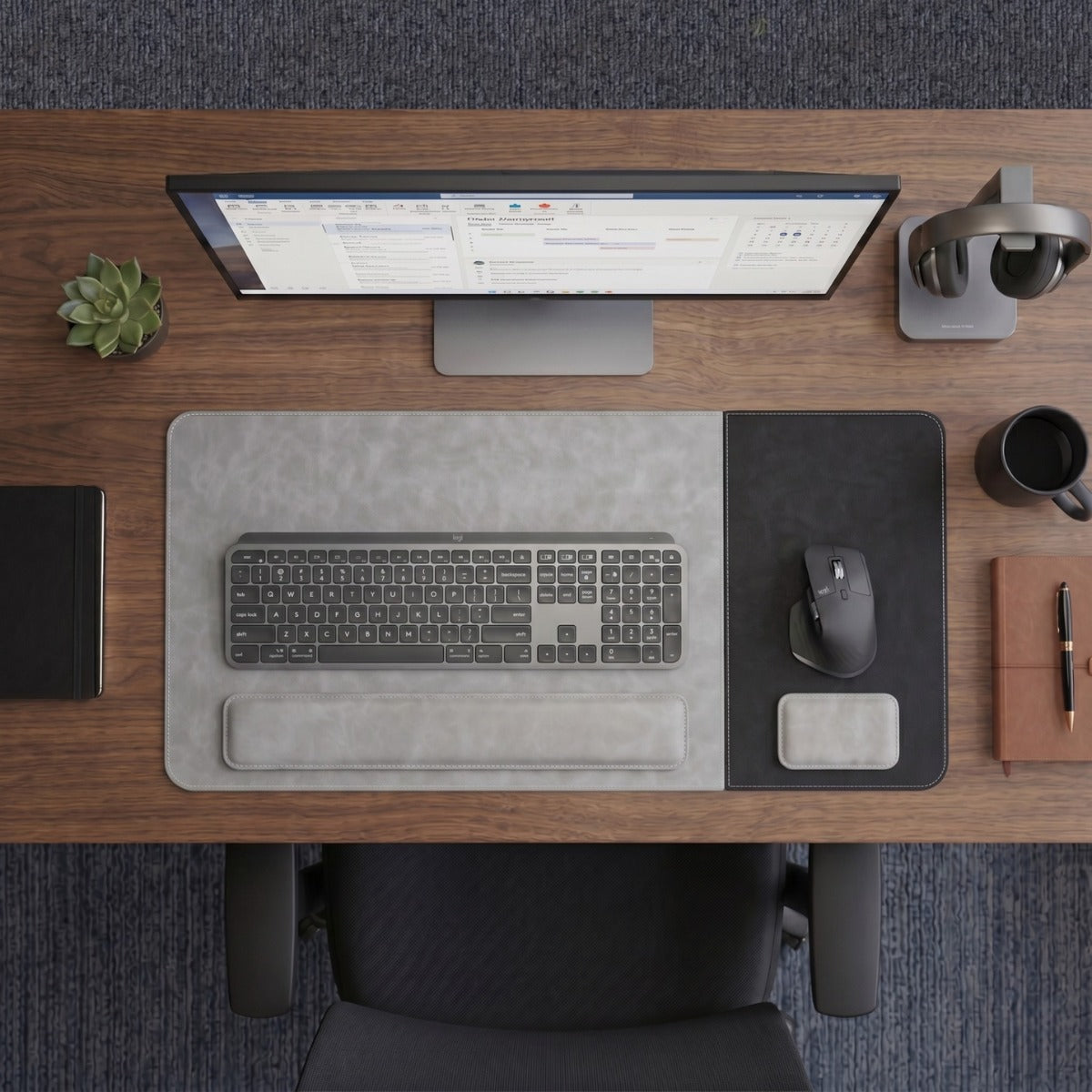 SuperZone dual-surface desk pad with wrist rests for keyboard and mouse setup