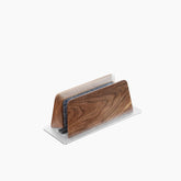 Super Wood Vertical Stand with black walnut wood body, felt lining, and aluminum base for vertical laptop storage | Cyber Vintage