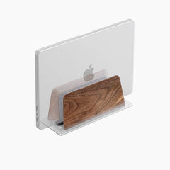 Super Wood Vertical Stand showing adjustable vertical laptop fit with wood panels, felt lining, and aluminum base | Cyber Vintage