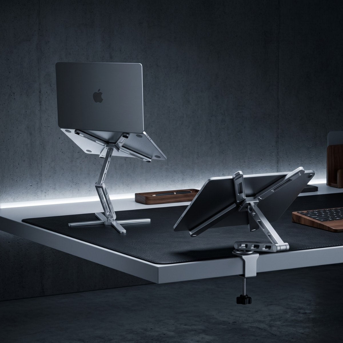 Super Laptop Stand Flex adjustable laptop stands with desk clamp and X base options