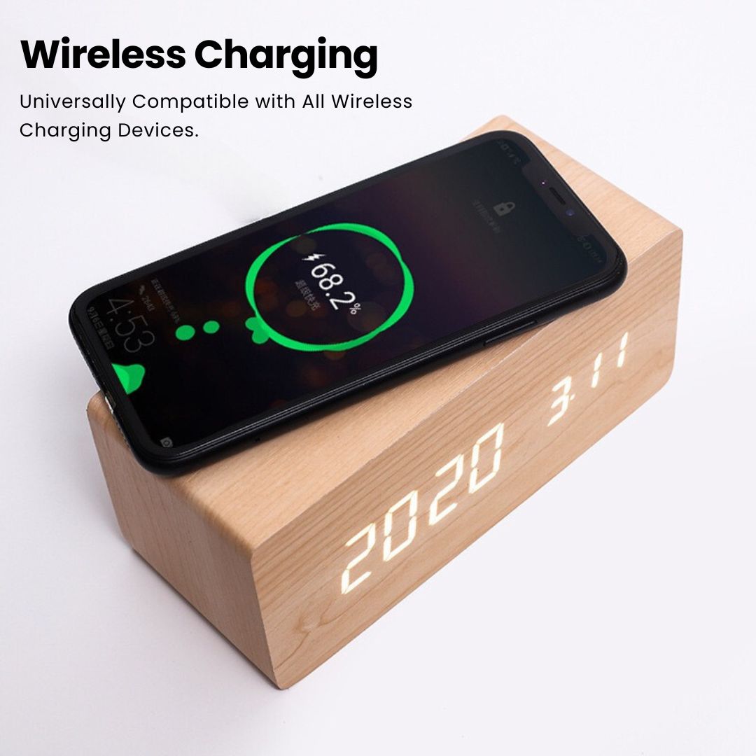 TimberTime Digital Clock showing case it wireless charging function | Cyber Vintage