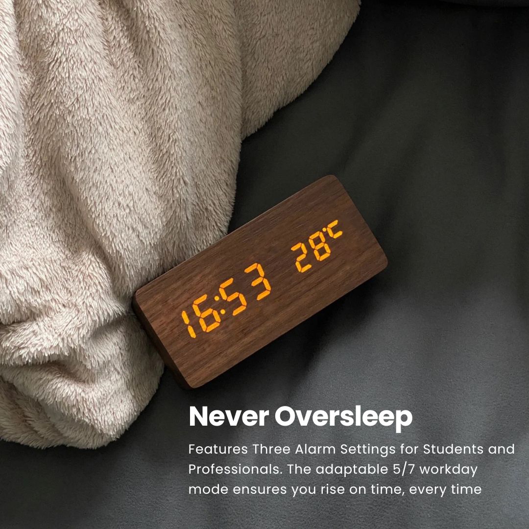 TimberTime Digital Clock on a cozy blanket with alarm settings display and never oversleep message | Cyber Vintage