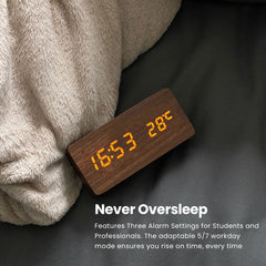 TimberTime Digital Clock on a cozy blanket with alarm settings display and never oversleep message | Cyber Vintage