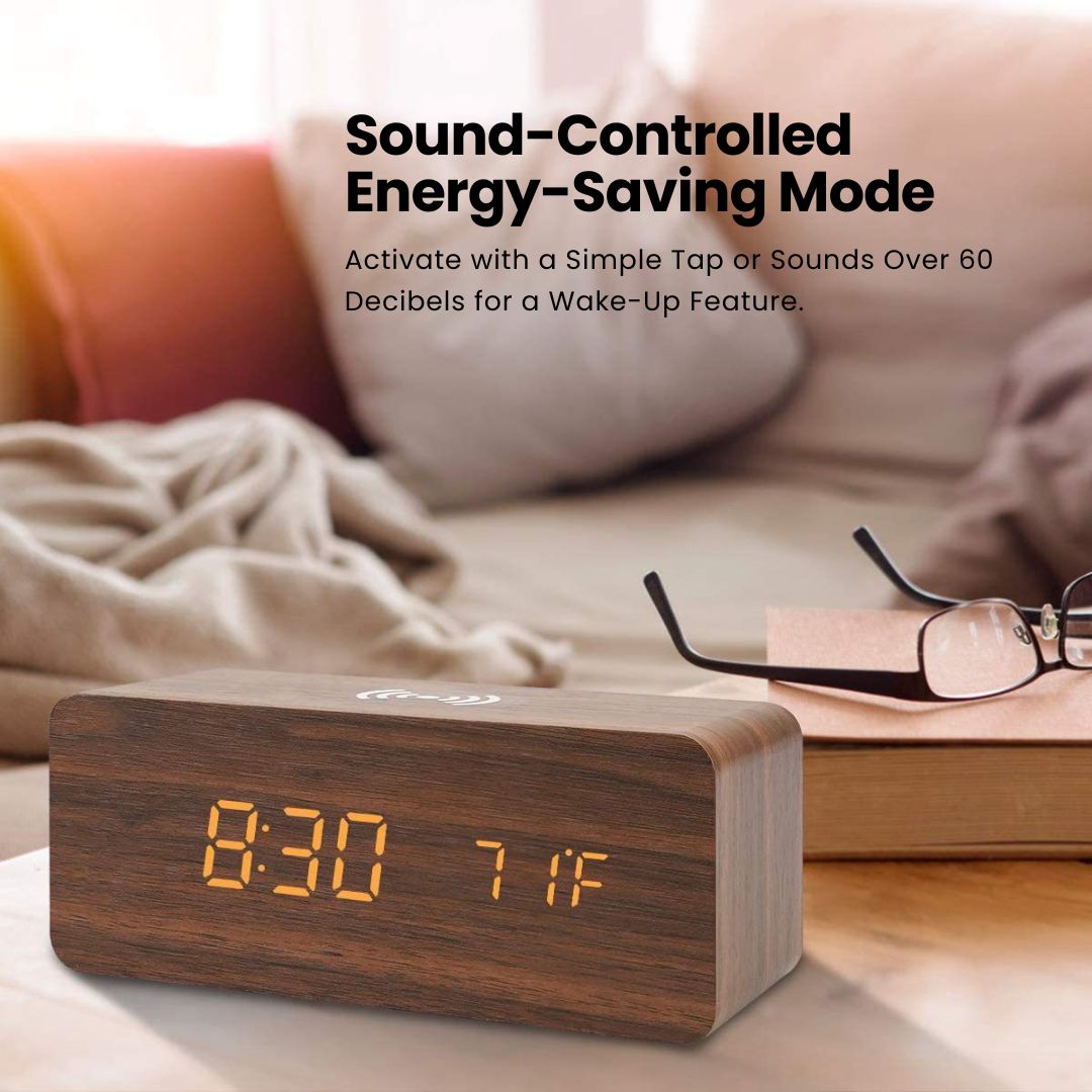 TimberTime Digital Clock in a soft morning light with sound-controlled energy-saving mode activation detail | Cyber Vintage