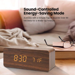 TimberTime Digital Clock in a soft morning light with sound-controlled energy-saving mode activation detail | Cyber Vintage