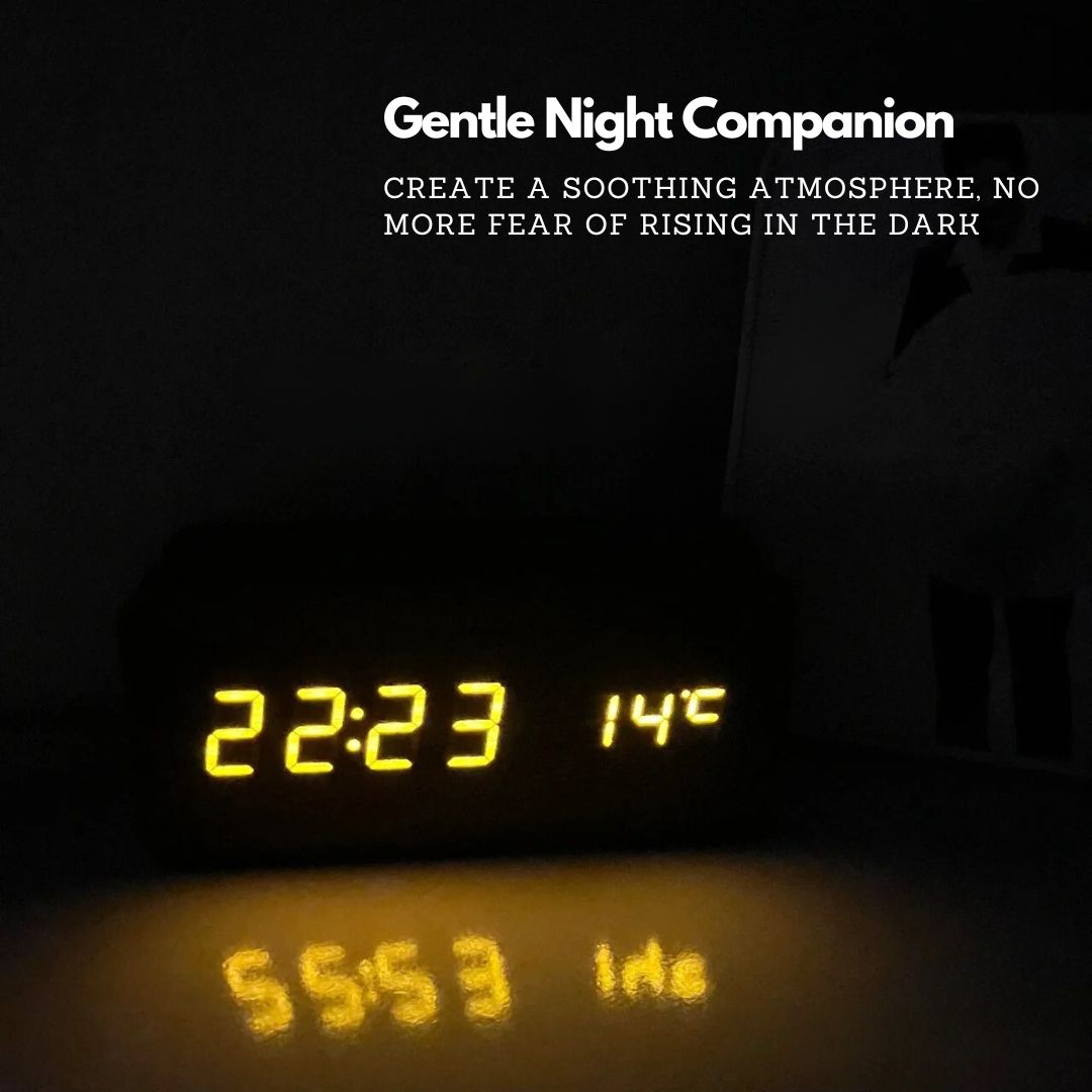 TimberTime Digital Clock glowing in the dark, providing a soothing night time atmosphere and temperature display | Cyber Vintage