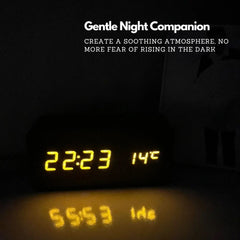 TimberTime Digital Clock glowing in the dark, providing a soothing night time atmosphere and temperature display | Cyber Vintage
