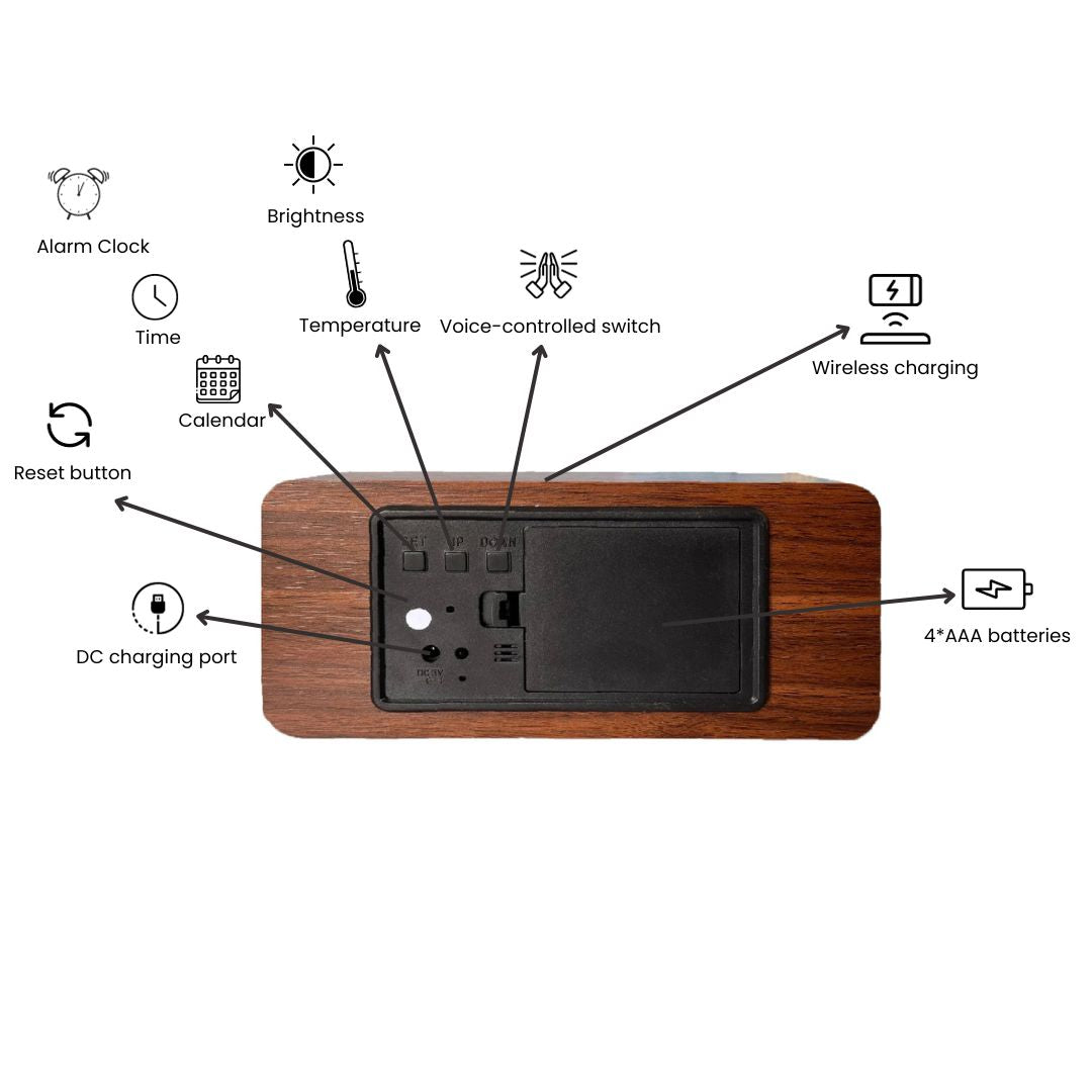 Back view of TimberTime Digital Clock showing all functional buttons and ports, including voice control and wireless charging | Cyber Vintage