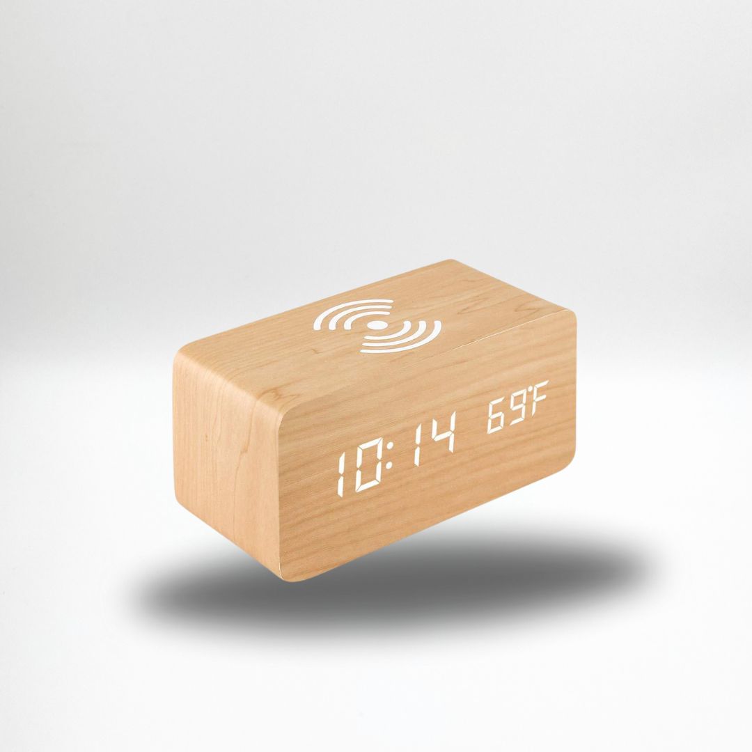 TimberTime Digital Clock in natural wood colour in a white background | Cyber Vintage