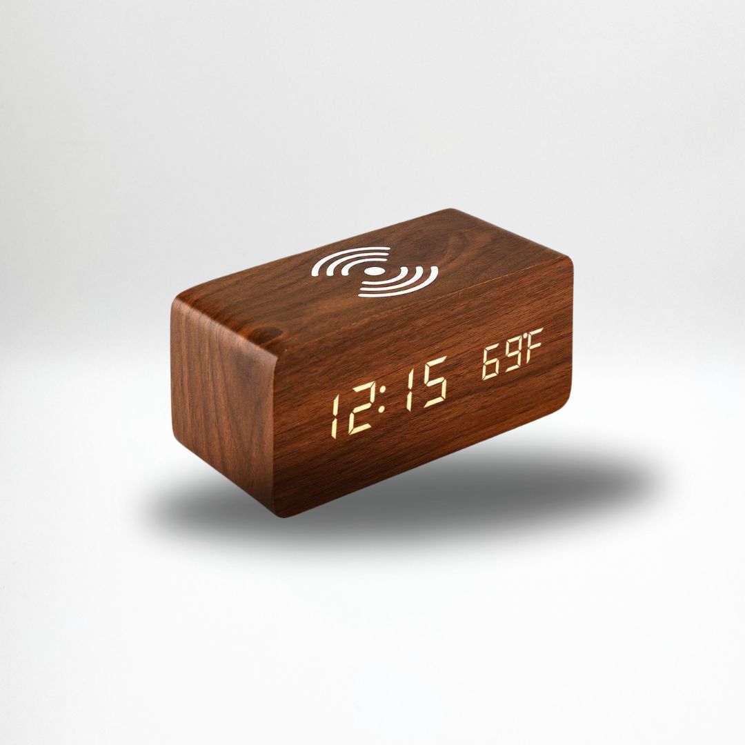 TimberTime Digital Clock in walnut colour in a white background | Cyber Vintage