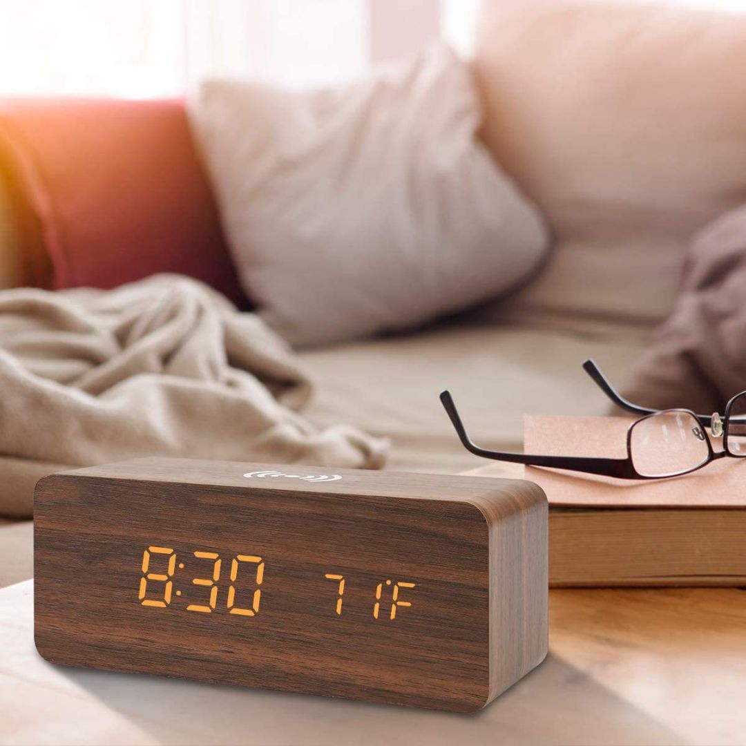 TimberTime Digital Clock showing time and temperature in a warm setting next to glasses and a book | Cyber Vintage