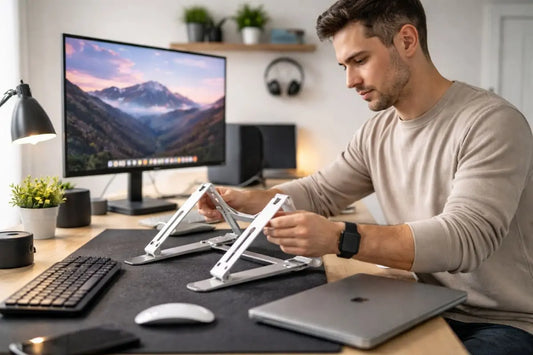 A man setting up the ideal height for his laptop stand.