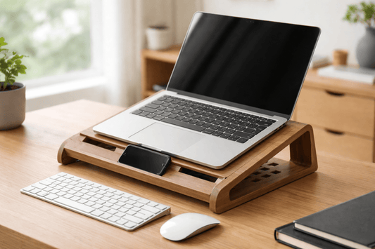Modern wooden laptop holder on desk