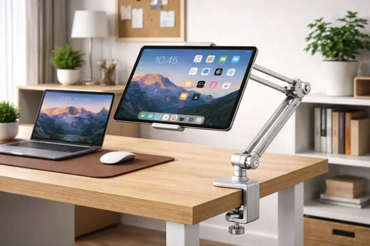 Tablet stands mounted securely into desk