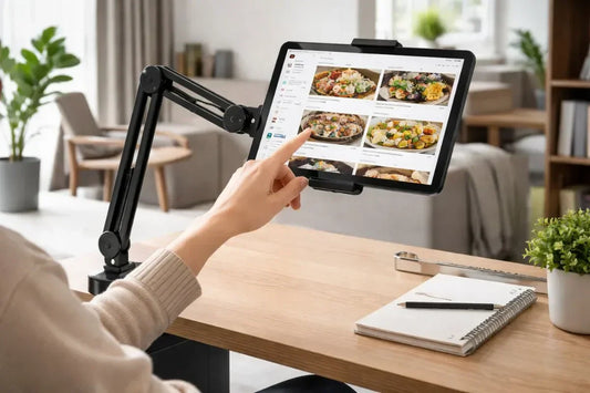 Woman using desk mounted tablet stand