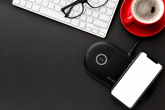 A Desk with a rotating phone stand