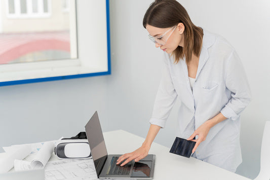 A lady working while standing