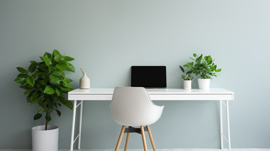 a minimal desk setup in Scandinavian style and green plants | Cyber Vintage 