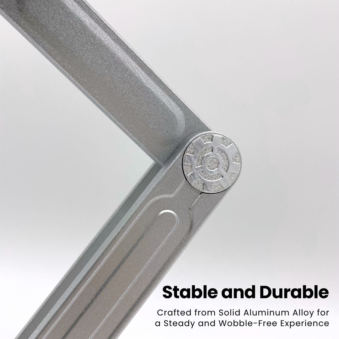 Detail of Super Laptop Stand's arm, emphasizing its solid aluminum alloy construction for durability | Cyber Vintage | Silver