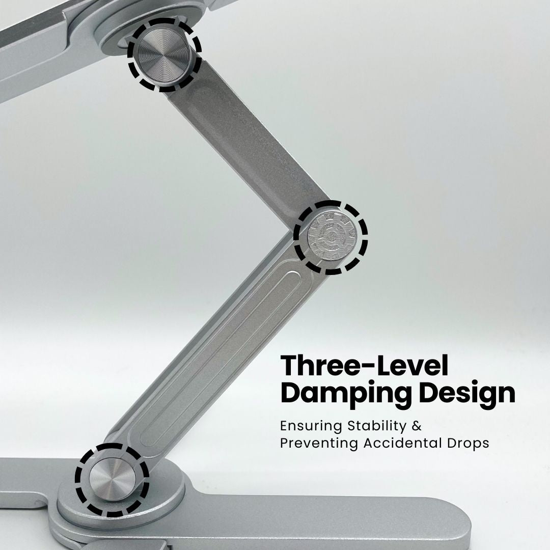 Close-up of Super Laptop Stand's hinge with three-level damping design for stability | Cyber Vintage | Silver