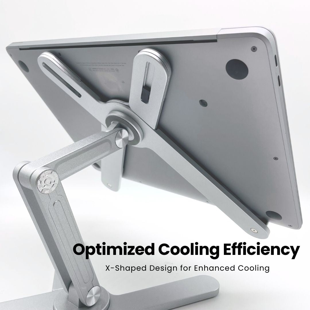 Super Laptop Stand displaying its X-shaped back support for cooling efficiency against a white background | Cyber Vintage | Silver