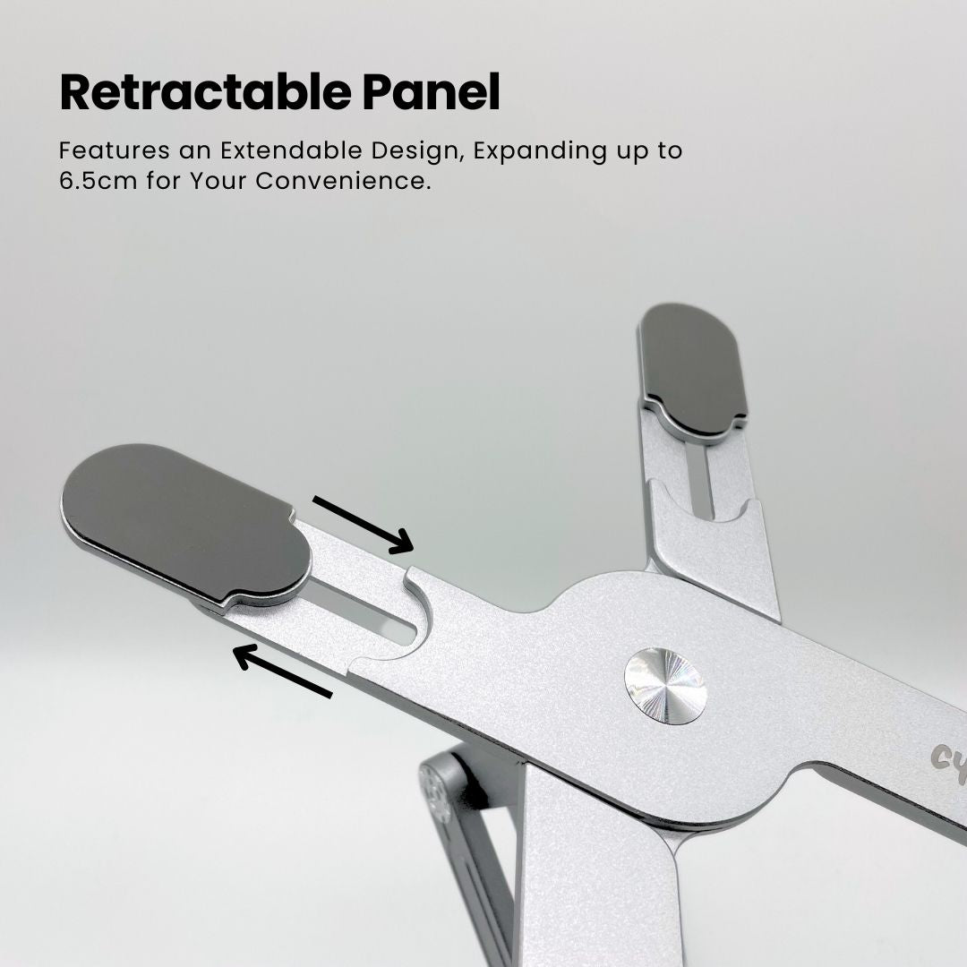 Close-up of the Super Laptop Stand's retractable panel extended for user convenience | Cyber Vintage | Silver