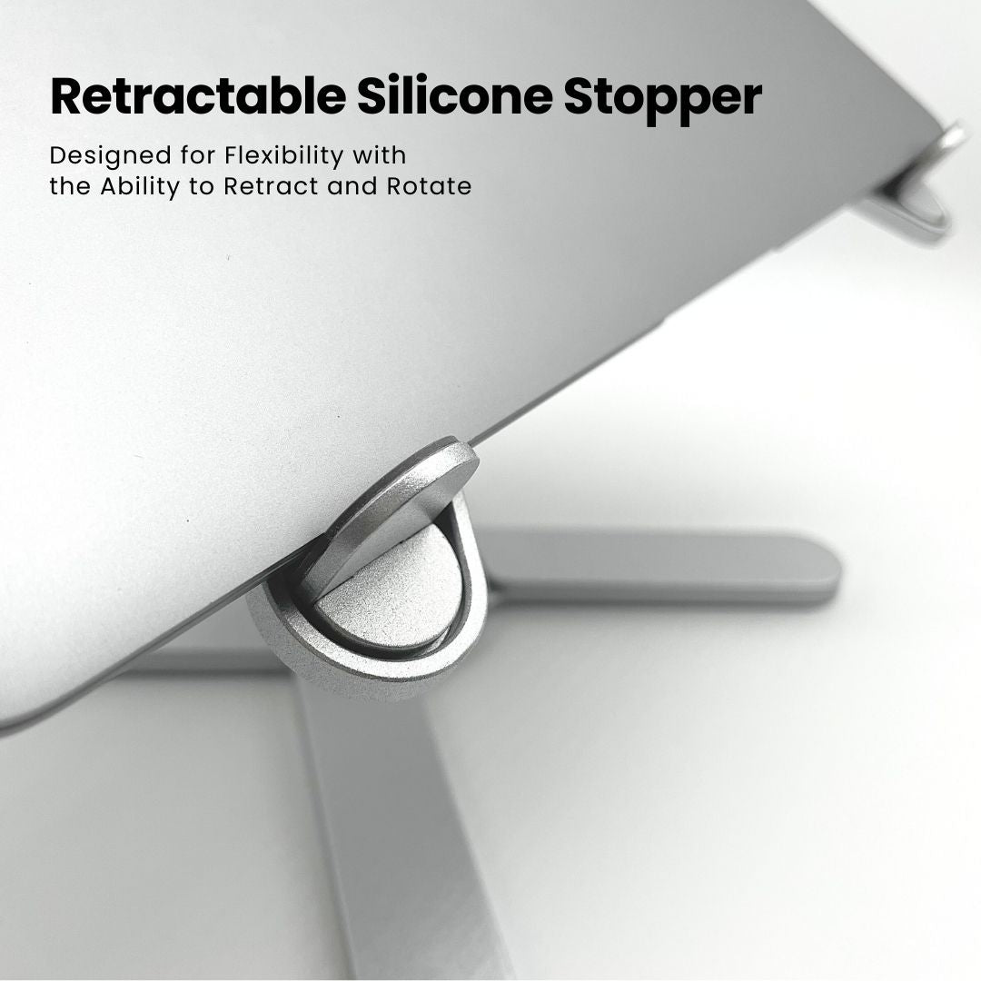 Close-up of Super Laptop Stand supporting a laptop that showcases its retractable silicone stopper feature | Cyber Vintage | Silver