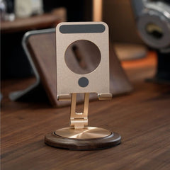 Elite Wooden Phone Stand on a wooden desk with a focus on its design and stand functionality | Cyber Vintage
