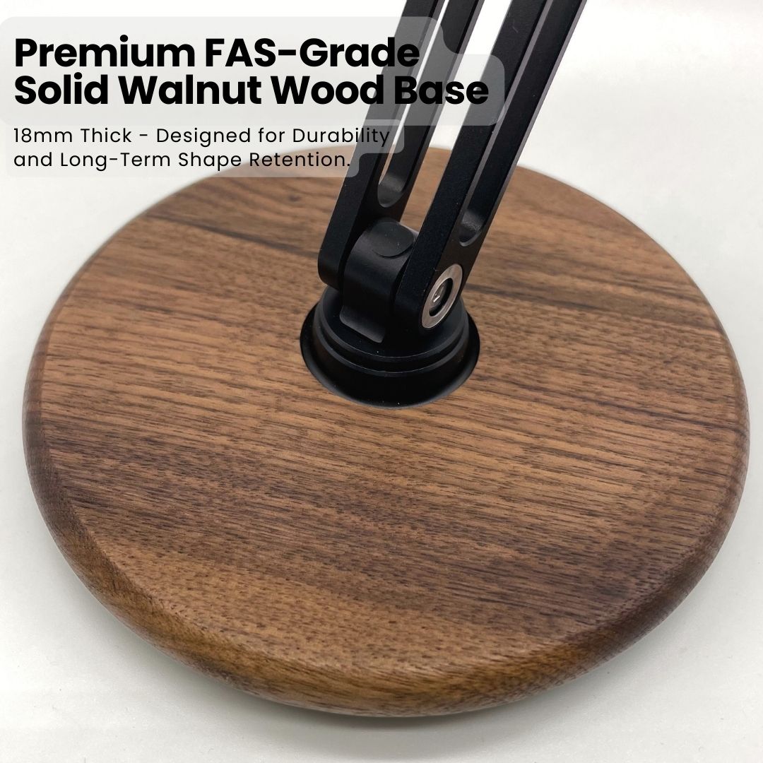 Close-up of the Super Wooden Phone Stand's FAS-grade solid walnut wood base | Cyber Vintage