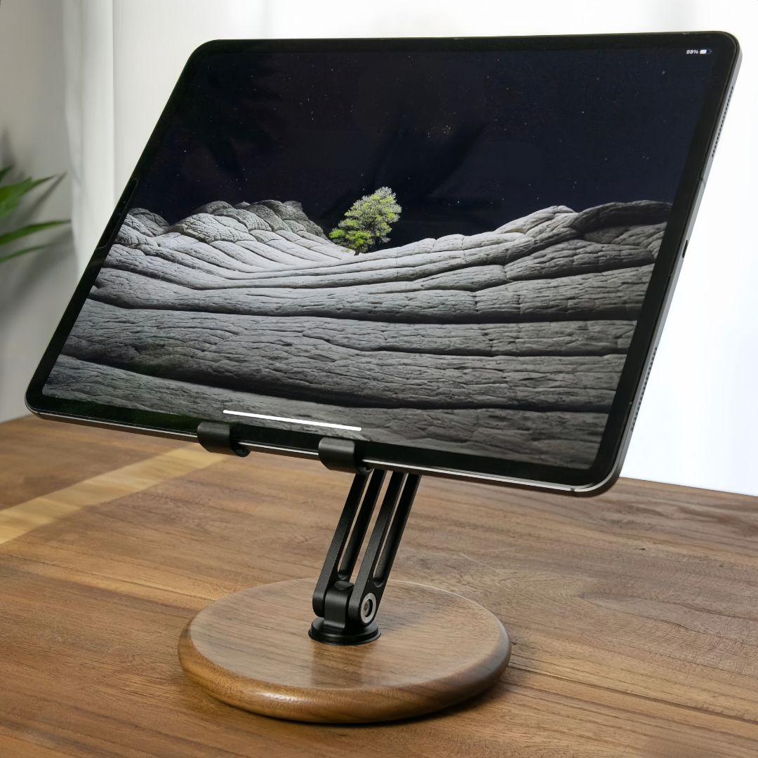 Super Wooden Phone Stand supporting a tablet on a walnut desk | Cyber Vintage