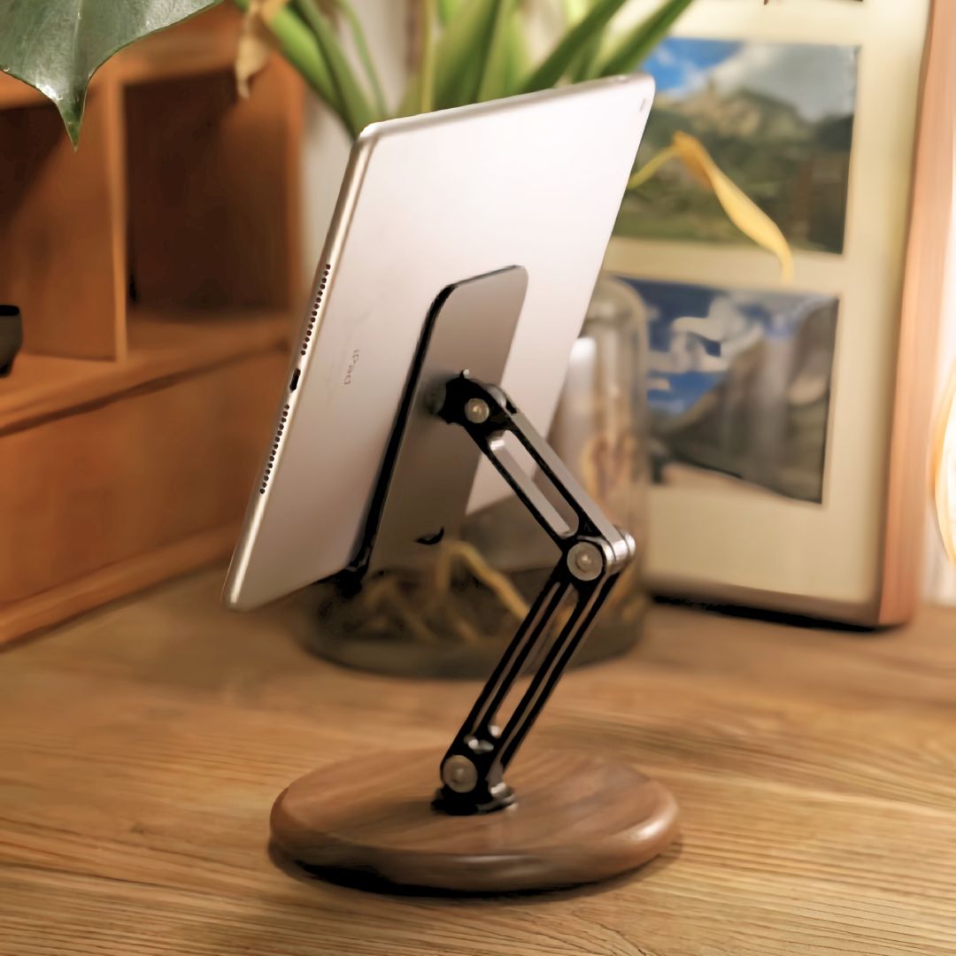 Super Wooden phone stand supporting a tablet on a cozy desk | Cyber Vintage