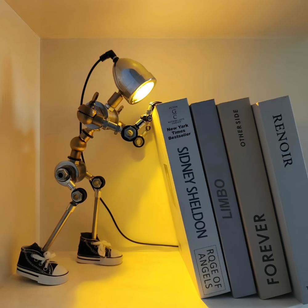 FlexBot Lamp with a spotlight on books, creating a cozy reading corner | Cyber Vintage