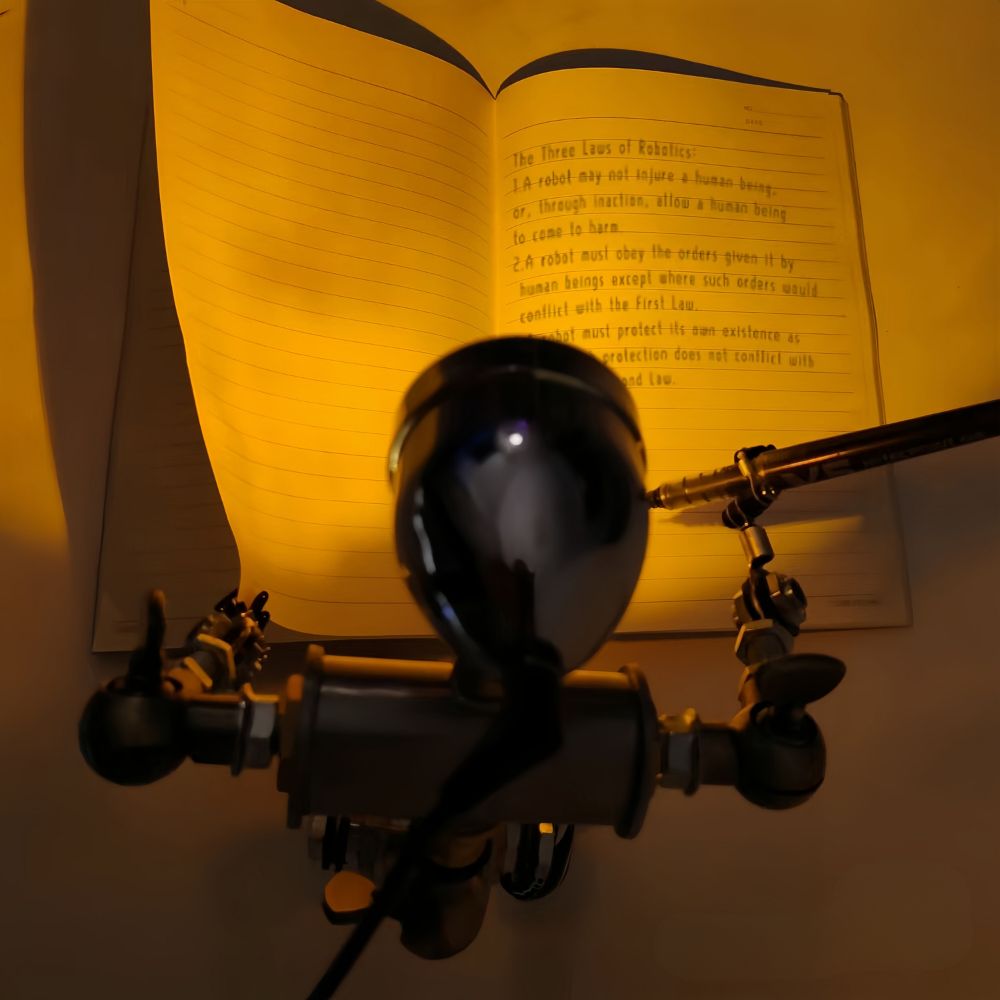 FlexBot Lamp illuminating an open notebook with written text, perfect for studying | Cyber Vintage