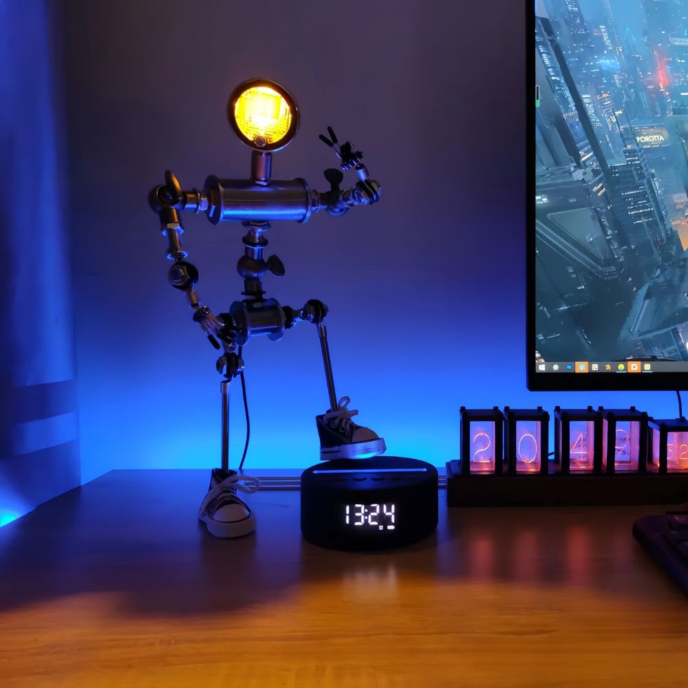 FlexBot Lamp on a desk with blue ambient lighting, enhancing a modern workspace | Cyber Vintage