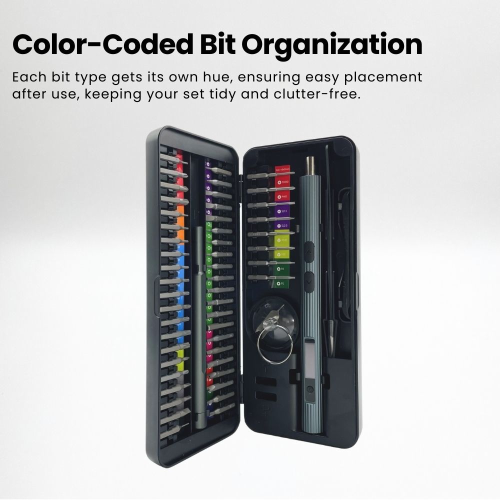 Open case of the Super Electric Precision Screwdriver Set showing color-coded bit organization for easy selection | Cyber Vintage